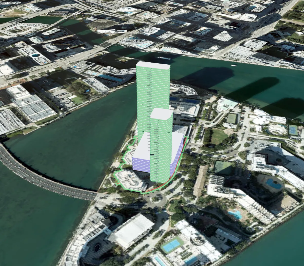The DARCH Massing Viewer showing two residential towers on a parking podium on the 601 Brickell Key Drive parcel in Miami